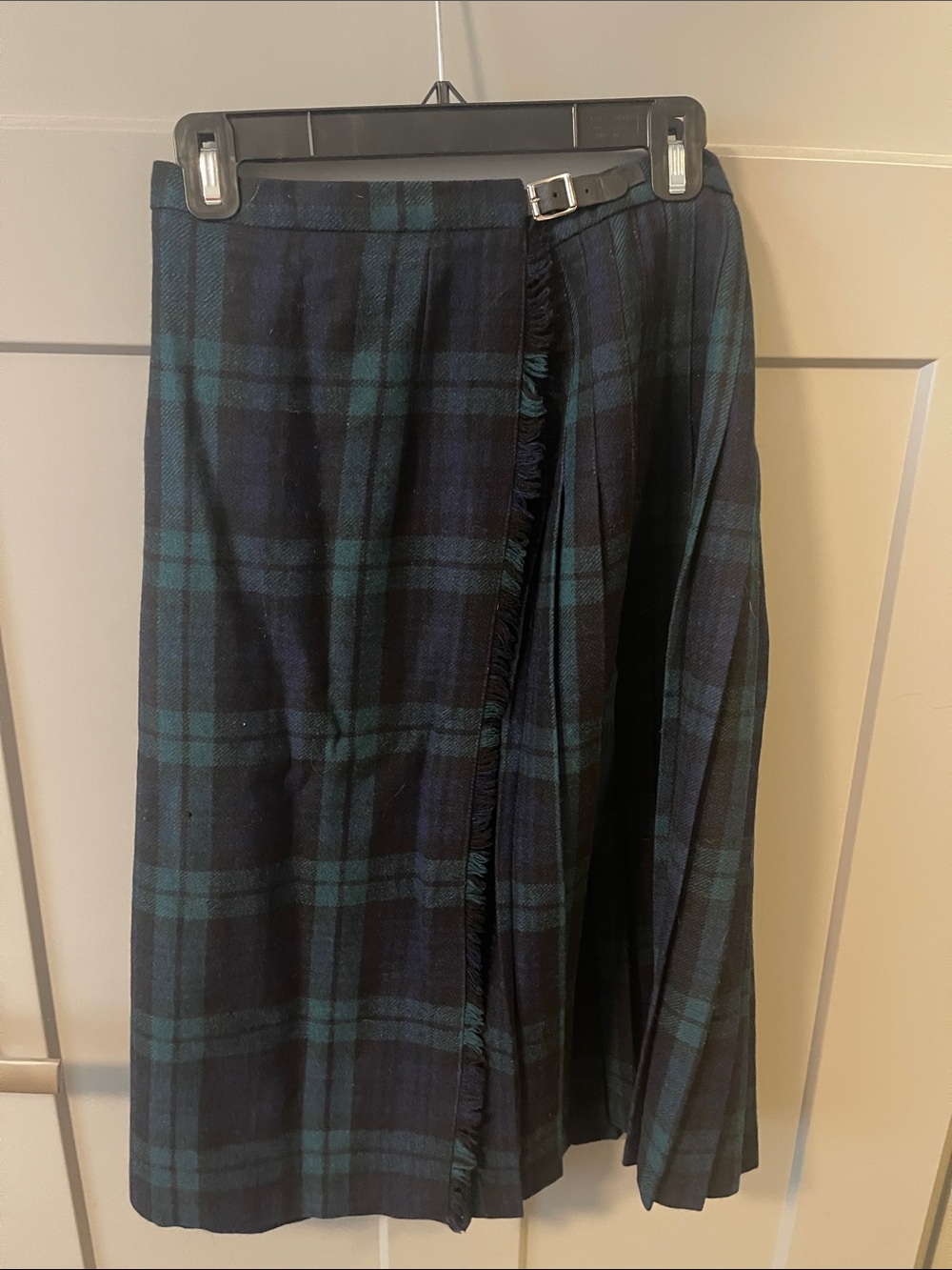 Dark Green and Navy Plaid Wool Wrap Skirt